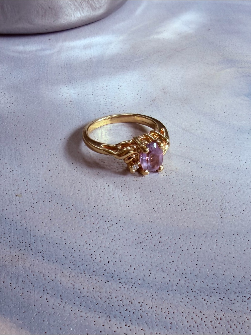 Vintage Costume Ring Gold Tone with Purple Oval Gemstone